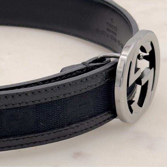 New Gucci GG Canvas Leather Belt Interlocking G Black Size 95/38 Unisex 1.2” - Picture 9 of 11